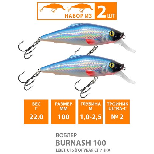 фото Воблер для рыбалки плавающий aqua burnash 100mm 22g заглубление от 1 до 2.5m цвет 015 2шт