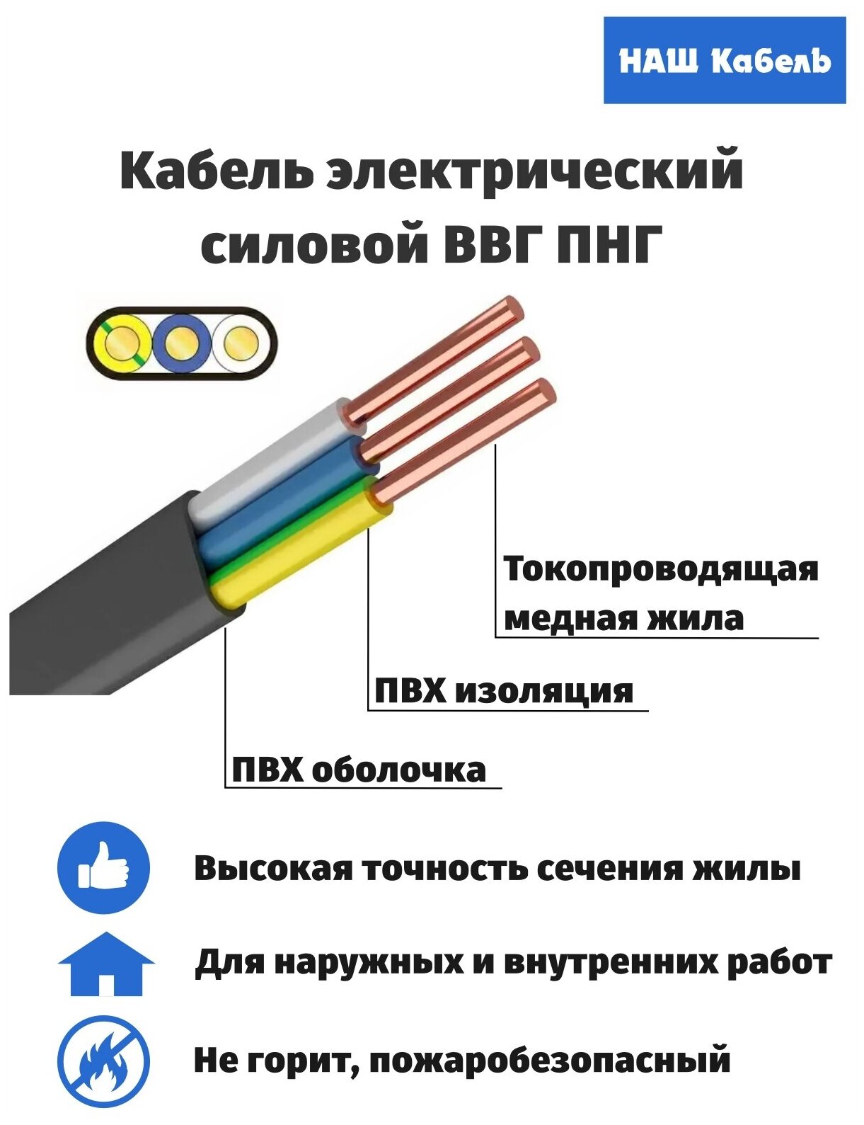 Кабель электрический трехжильный силовой медный ВВГ-Пнг(А)-LS ГОСТ 3*4,0мм2 бухта 20 метров "Наш кабель" - фотография № 2