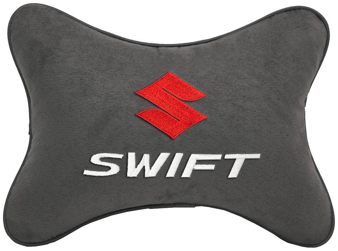 Автомобильная подушка на подголовник алькантара D.Grey с логотипом автомобиля SUZUKI SWIFT