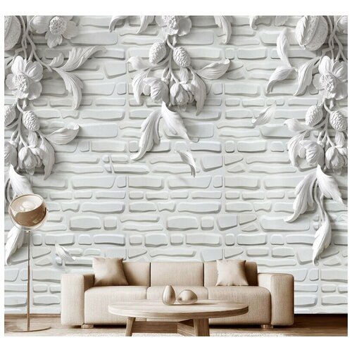 Фотообои на стену флизелиновые 3D Модный Дом Цветочный барельеф на кирпичной стене 300x260 см (ШxВ)