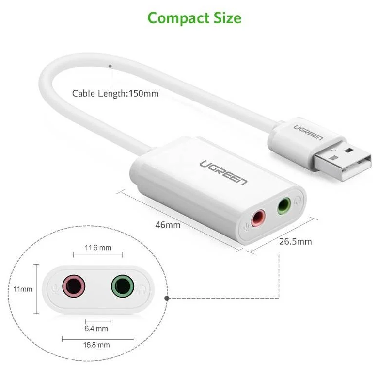 Аудиоадаптер Ugreen USB A 2.0 - AUX Jack 3.5 мм (f), цвет белый (30143)