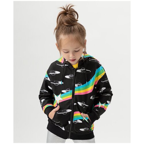 фото Толстовка на молнии с капюшоном и карманами черная button blue, размер 104, модель 222bbgmc16060813