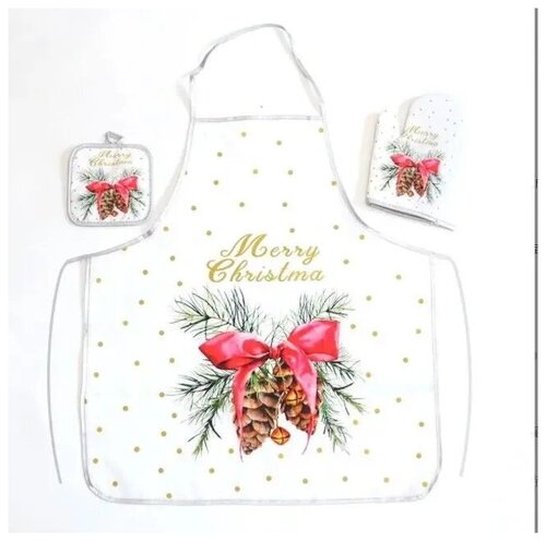 Набор для кухни (фартук, варежка и прихватка) новогодний Homium Merry Christmas, 3 предмета , цвет белый