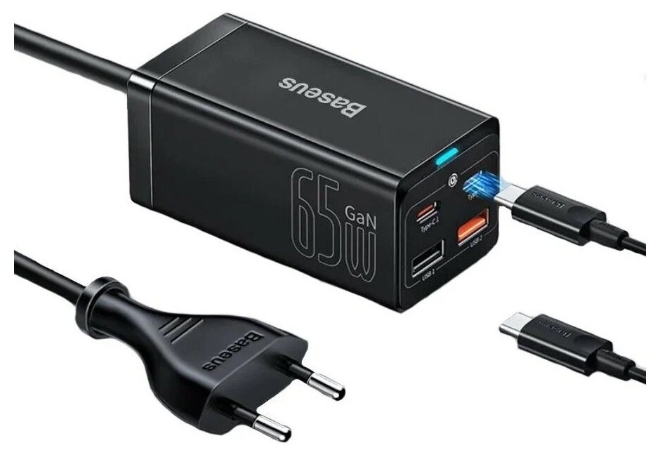 Сетевое зарядное устройство Baseus GaN3 Pro Desktop Fast Charger 2C+2USB 65W EU Black + Cable Type-C to Type-C 100W 1м (CCGP040101)