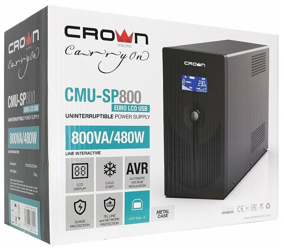 Интерактивный ИБП CROWN MICRO CMU-SP800 Euro LCD