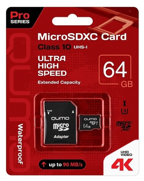 Карта памяти 64Gb - Qumo MicroSDXC UHS-I U3 QM64GMICSDXC10U3NA