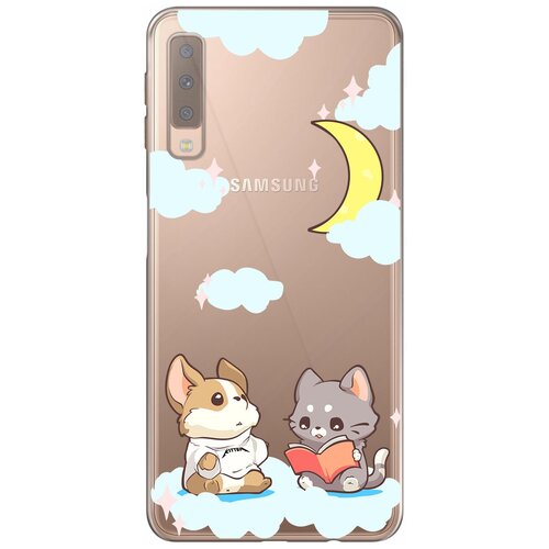 Силиконовый чехол Mcover на Samsung Galaxy A7 2018 (A750) с рисунком Кот и собака при луне силиконовый чехол mcover на samsung galaxy a30 galaxy a20 с рисунком кот и собака при луне