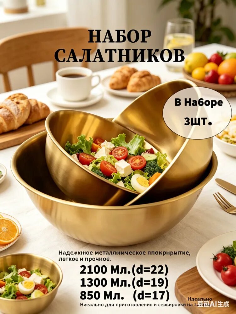 Салатник 22 см 850 мл, 1300 мл, 2100 мл 3 шт золотой