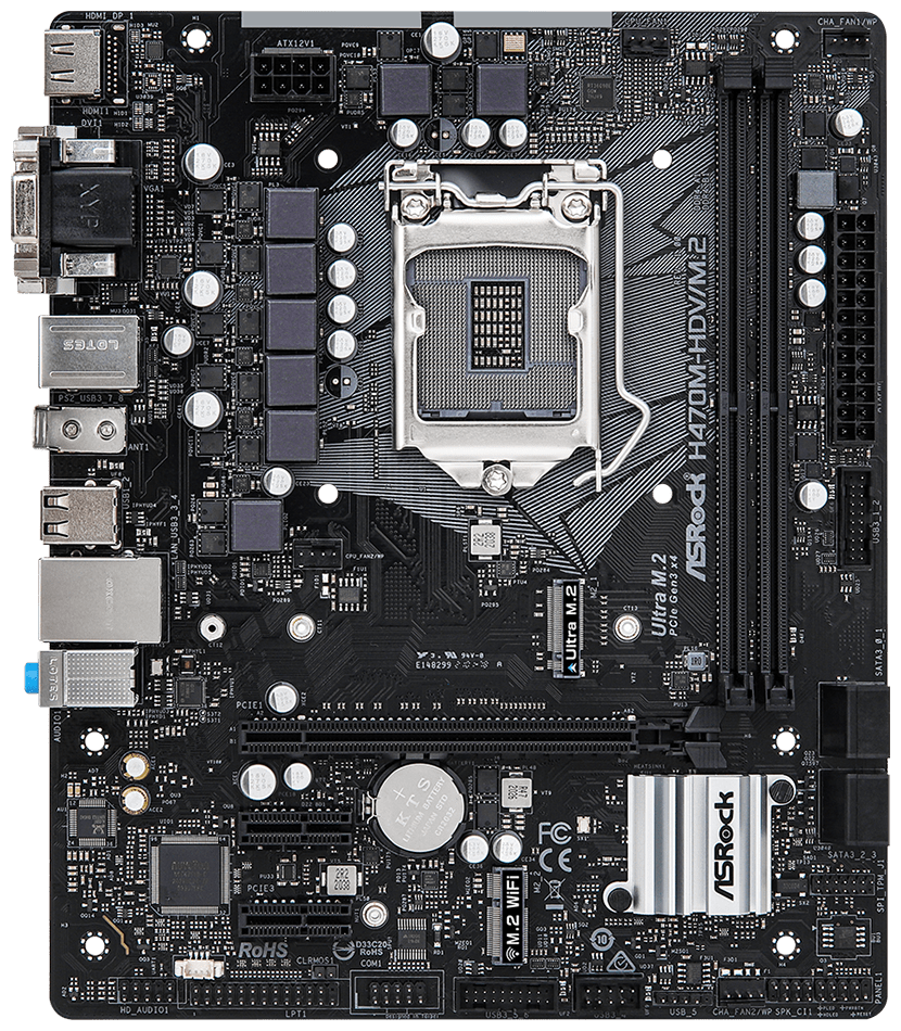 Материнская плата mATX ASRock H470M-HDV/M.2 (LGA1200, H470, 2*DDR4(2933), 4*SATA 6G RAID, M.2, 2*PCI