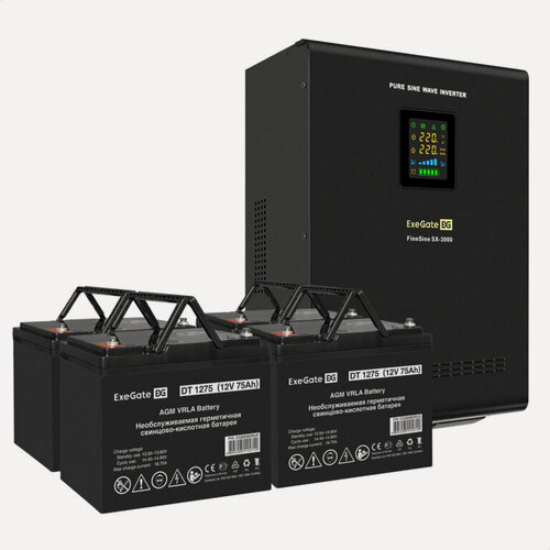 Изображение товара Комплект ИБП EX296003RUS + батарея 75Aч EX282983RUS 4шт (инвертор, синус, для котла, настенный) ExeGate FineSine SX-3000. LCD. AVR.2SH. T