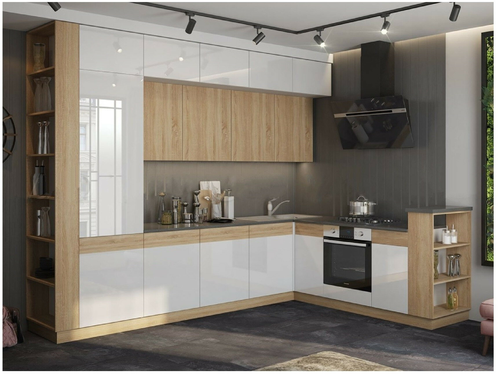 Кухня с фасадами МДФ, 3,2х2,24 (Сонома / Белый глянец / Сонома)