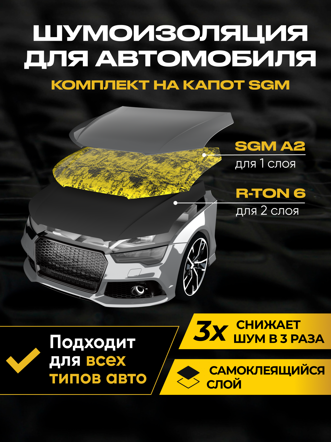 Комплект шумоизоляция для капота автомобиля от SGM. Виброизоляция универсальная звукоизоляция. Шумка для авто