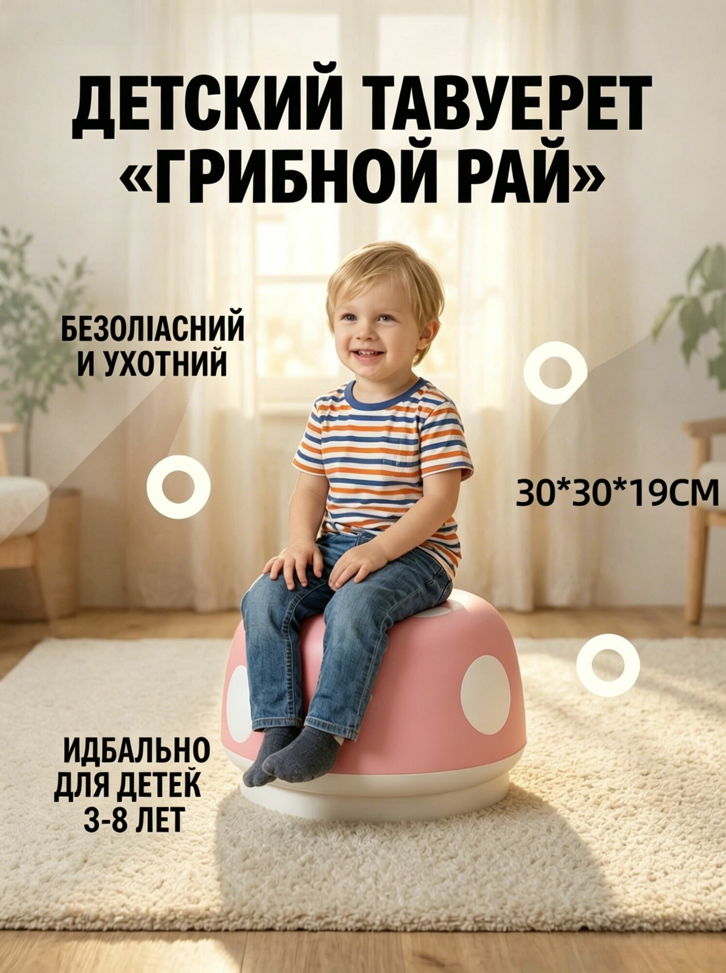 Детский табурет в виде гриба 30х30х19 см, безопасные края, для детей 3‑8 лет дома