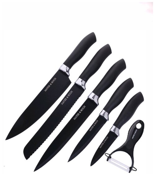 Набор кухонных ножей 6 предметов, Нож поварской, Нож хлебный, Нож разделочный, Нож универсальный, Ножи