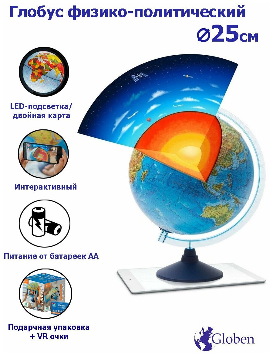 Интерактивный глобус Земли физико-политический (d=250, с подсветкой) (INT1250028) - фото №2