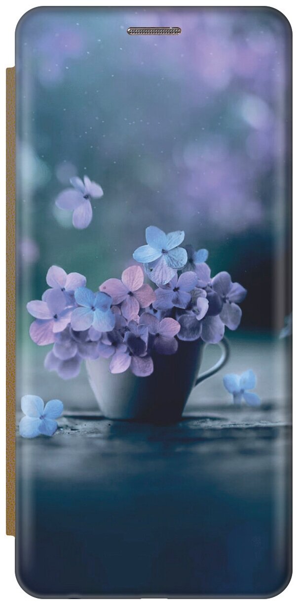 Чехол-книжка Синие цветы в чашке на Xiaomi Redmi Note 10 Pro / Сяоми Редми Ноут 10 Про золотой