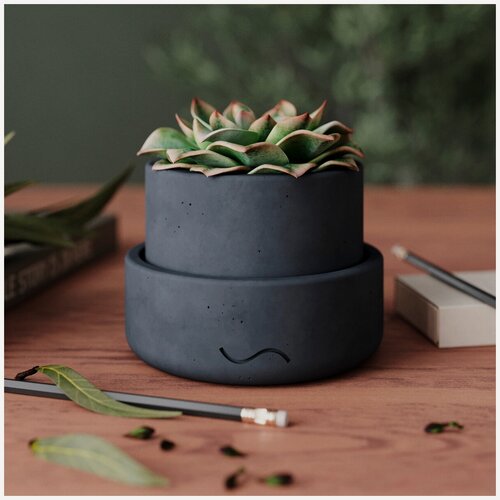 Изображение товара Горшок, кашпо для цветов, кактусов и суккулентов Astrid XS Mate с поддоном, 0.18 л, бетон, графитовый матовый