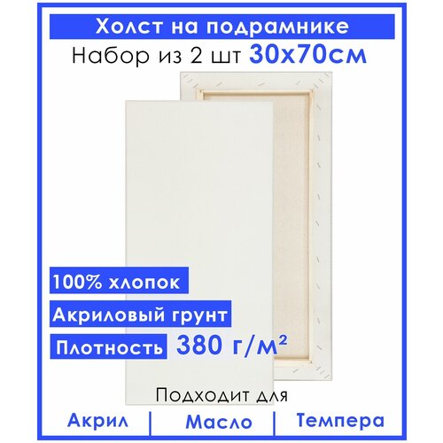 Холст грунтованный на подрамнике 30х70 см, двунитка хлопок 100%, 380 гр. кв. м,2 шт. холст грунтованный на подрамнике 70х70 см двунитка хлопок 100% 380 гр кв м 2 шт