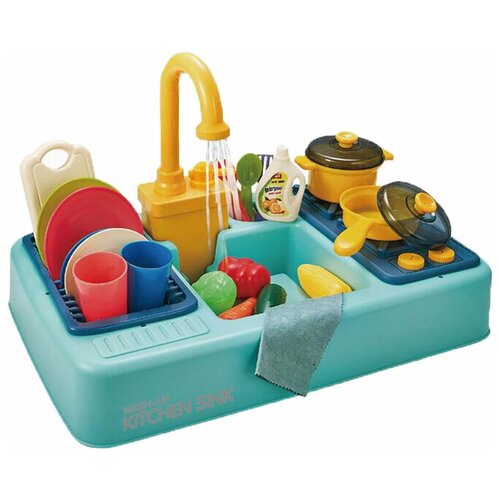 фото Игрушка детская раковина с водой и набором посуды / кухонная мойка для детской кухни / с плитой игродом