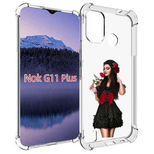 Чехол MyPads девушка-в-черном-платье-с-розой женский для Nokia G11 Plus задняя-панель-накладка-бампер