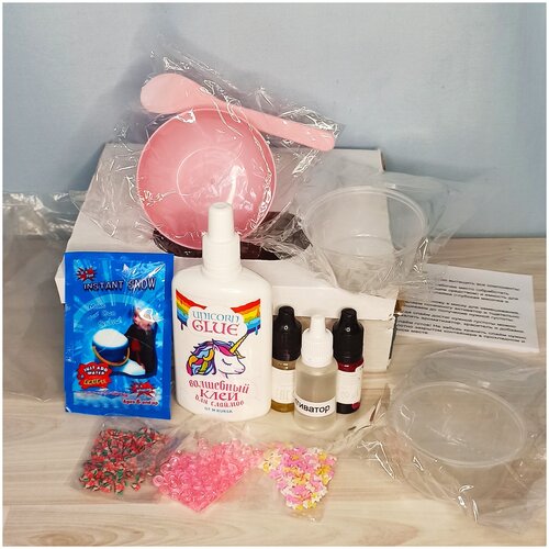 Супер большой набор для создания слаймов с миской - Розовый, + много добавок