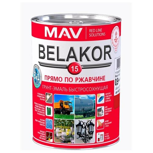 Грунт-эмаль Belakor 15 прямо по ржавчине 3 в 1 быстросохнущая RAL 3000, красный, матовый, 1л (0.9кг)