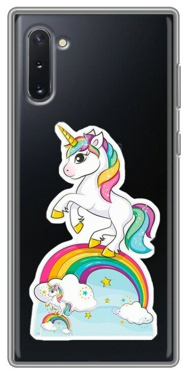 Полупрозрачный дизайнерский силиконовый чехол для Самсунг Гэлакси Ноут 10 / Samsung Galaxy Note 10 Единорог и радуга