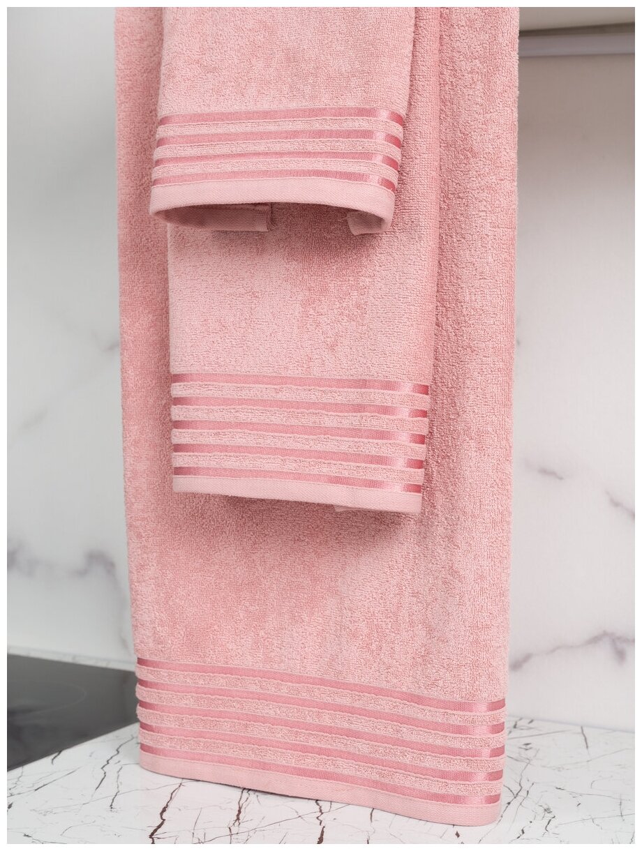 Набор махровых полотенец BIO-TEXTILES 3 шт розовый с бордюром полоса 400 гр/м2 (40*70, 50*90, 70*140) - фотография № 11