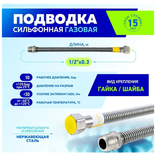 Шланг, подводка для газовых систем Thermofix 1/2 0,3 метра Гайка-шайба, 1 шт. шланг подводка для газовых систем thermofix 1 2 4 метра гайка шайба 1 шт