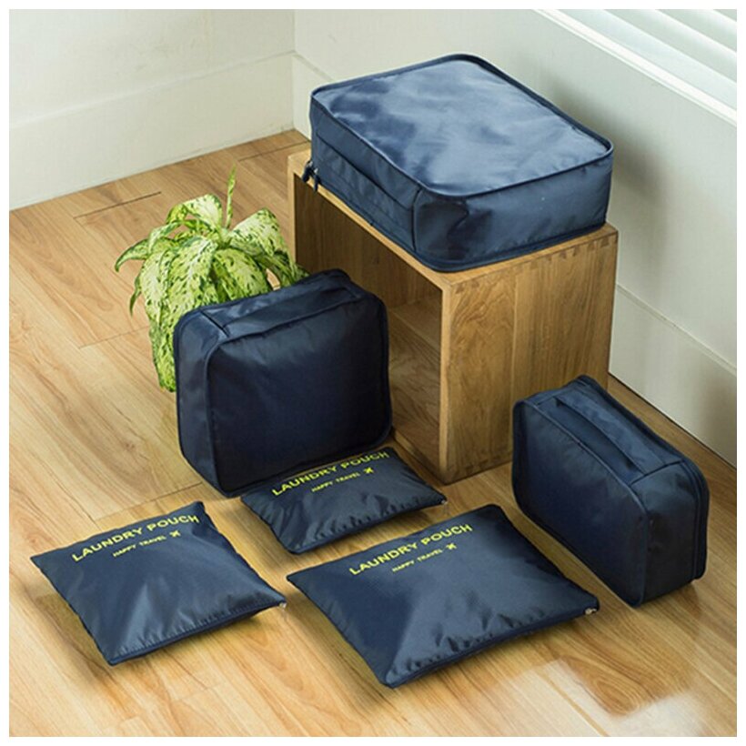 Дорожный органайзер для чемодана из 6 штук LAUNDRY POUCH, набор для путешествий и хранения вещей в чемодане, синий - фотография № 5