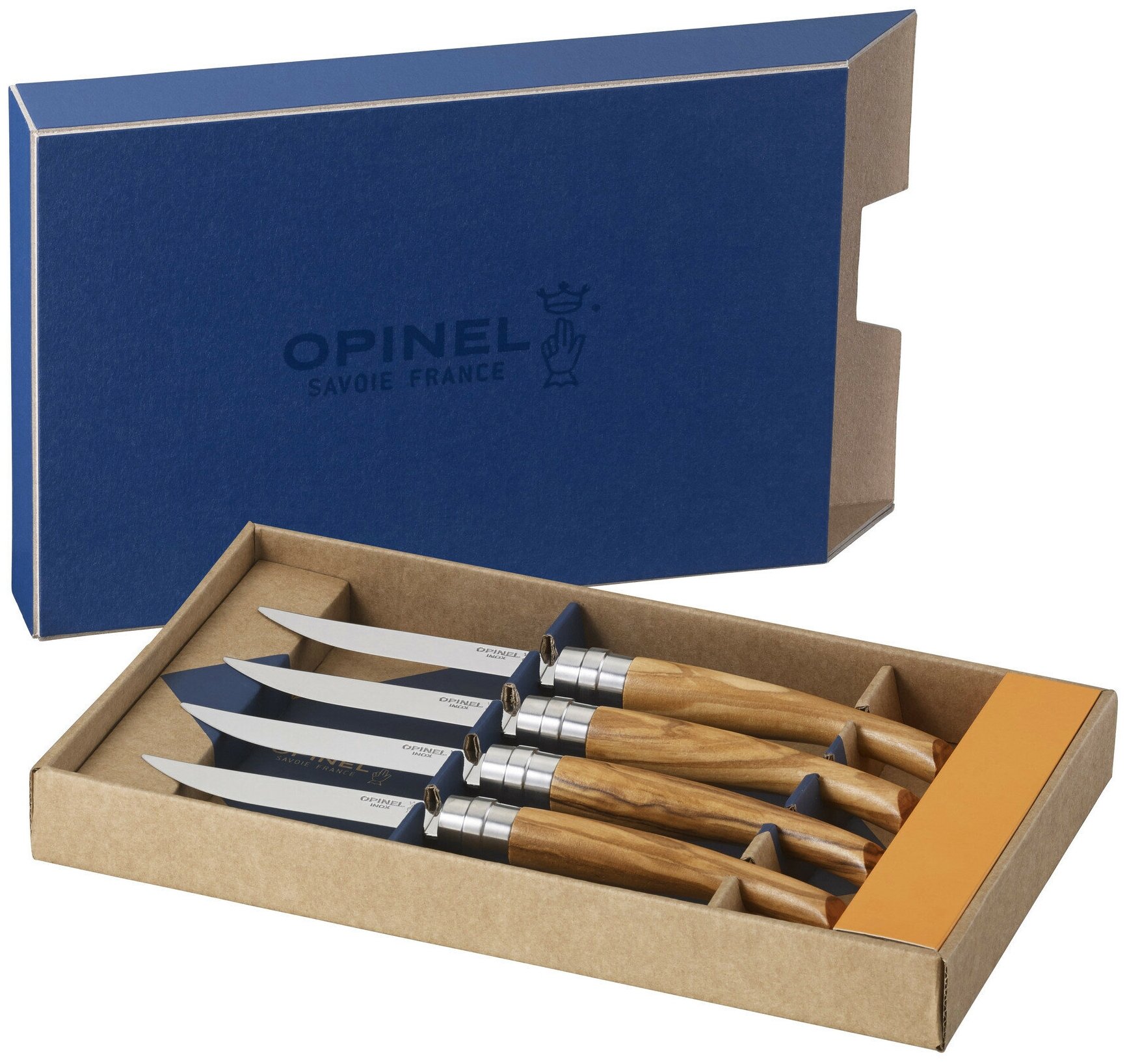 Набор столовых ножей Opinel VRI Olive Wood из 4-х штук (нержавеющая сталь зеркальной полировки, длина клинка 10 см, рукоять олива)