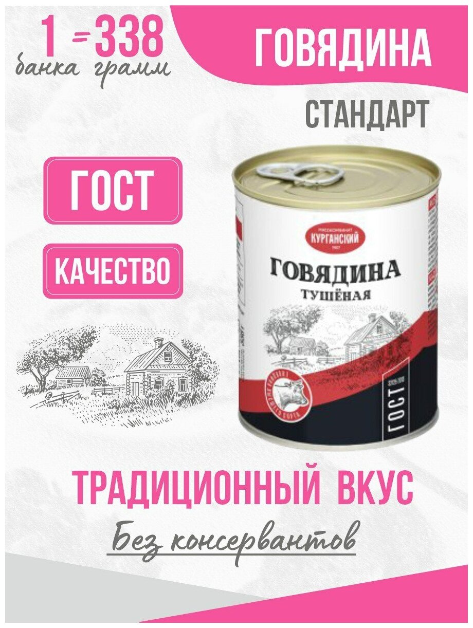 Тушенка, консервы мясные, говяжья тушенка, Тушенка Стандарт Говядина тушеная высший сорт ГОСТ 338 гр. - 1 шт