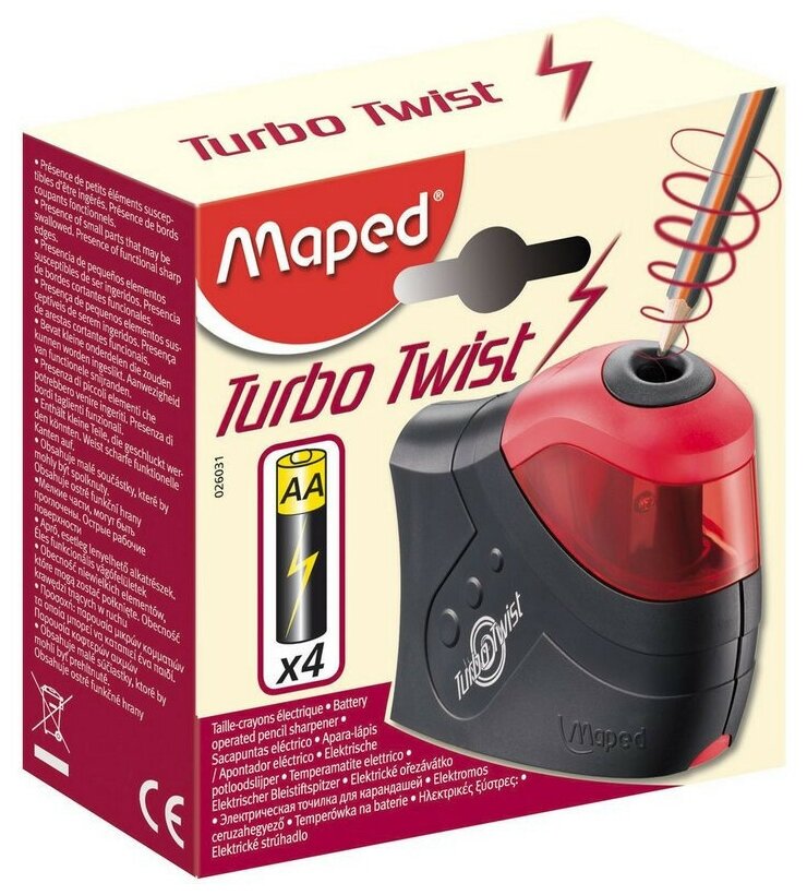 Точилка MAPED Turbo Twist 1 отв, с конт, элек, раб. на бат.026031