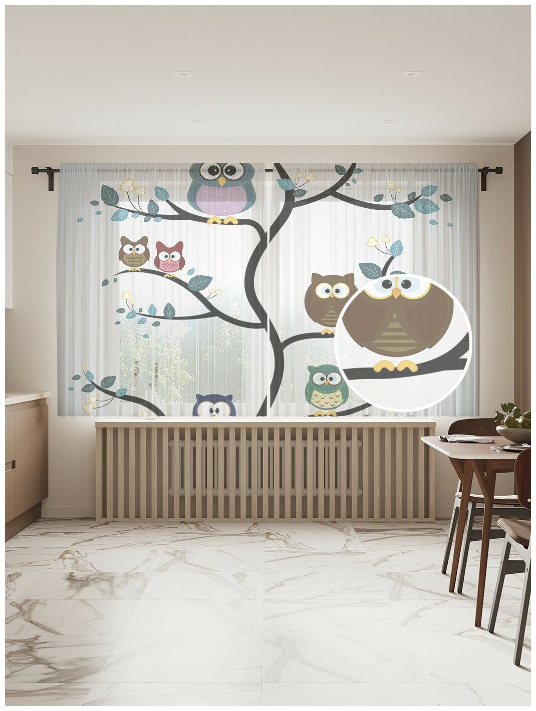 Тюль для кухни и спальни JoyArty "Приветливые совы", 2 полотна со шторной лентой, 145x180 см.
