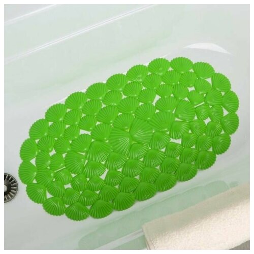 Коврик противоскользящий на присосках в ванную овальный «Ракушки» 67х38 см., цвет зеленый