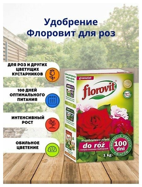 Удобрение Флоровит длительного действия для роз и других -цветущих кустарников 100 дней 1кг, коробка