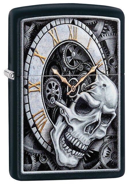 Zippo Зажигалка бензиновая Skull Clock Design Black Matte 29854