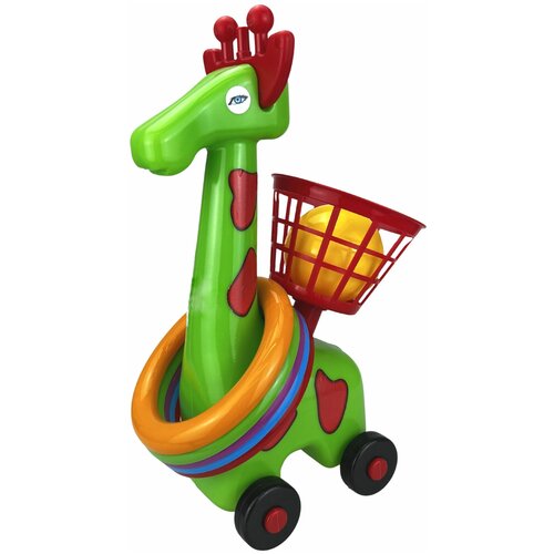 фото Игрушка кольцеброс - каталка, кольцеброс жираф, зеленый, кольца, корзинка, шарик, размер игрушки - 11,5 х 12,5 х 32 см. ярик