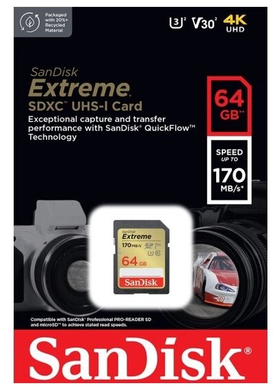 Карта памяти Sandisk Extreme SDXC Class 10 UHS-I U3 V30 64Gb (170/80 Mb/s)