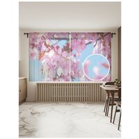 Тюль для кухни и спальни JoyArty "Ветвь японской вишни", 2 полотна со шторной лентой шириной по 145 см, высота 180 см.