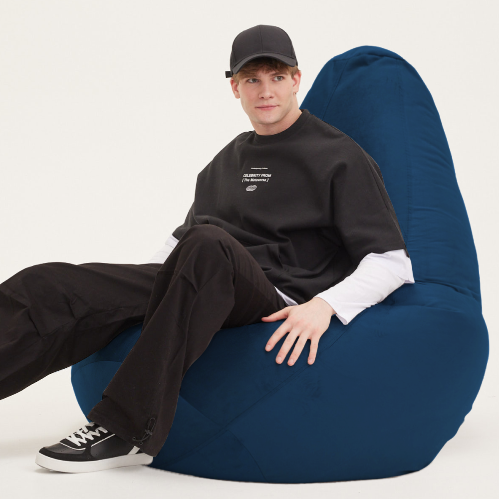 Кресло мешок Bean Joy, пуфик мешок, бескаркасное кресло, размер 5XL, мебельный велюр, темно-синий — фото 1