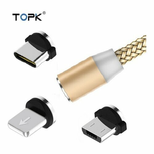 Магнитный светодиодный кабель TOPK с магнитным micro USB/Type-C/iPhone коннектором золотой