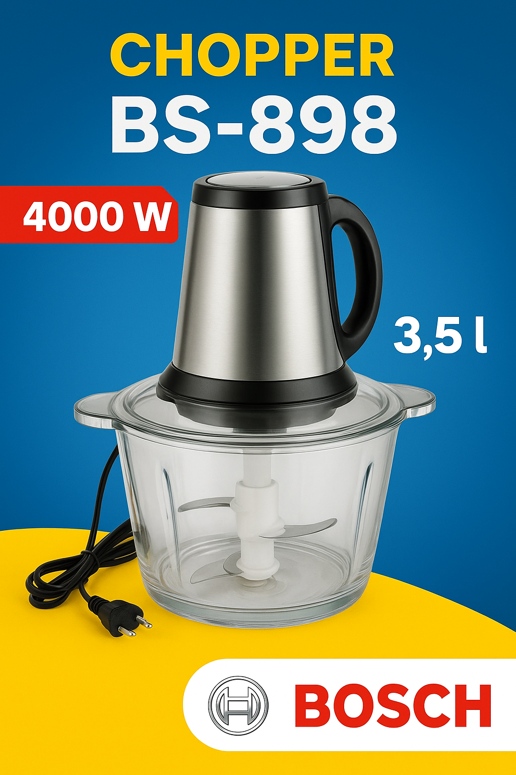 Чоппер измельчитель BS-898, 4000 Вт, 3.5 л, чоппер, блендер, миксер, соковыжималка