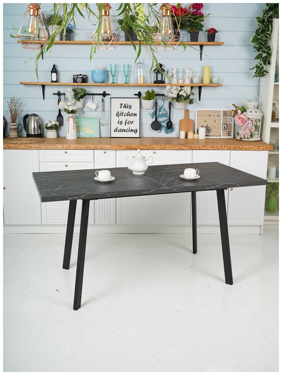 фото Стол кухонный раздвижной Фин, ЛДСП Камень Пьетра на чёрных опорах, 120/152х70х75 см.