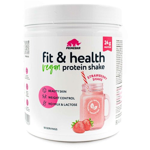 растительный протеин со вкусом шоколадного печенья primebar fit Fit & Health VEGAN Protein Shake Primebar Клубничный коктейль, 550 г / Растительный протеин / Вегетарианский протеин