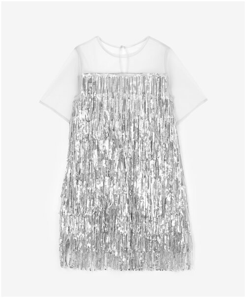 Платье Gulliver, нарядное, однотонное, размер 164, серебряный