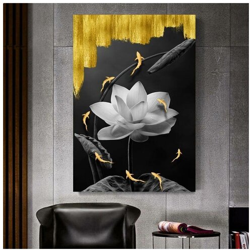 Современная картина на холсте для интерьера в гостиную/зал/спальню "Золотой лотос", холст на подрамнике, 60х80 см