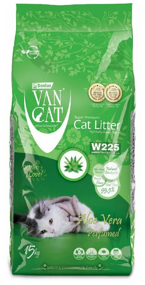 Van Cat W225 комкующийся наполнитель для кошек, без пыли, с ароматом алоэ - 15 кг