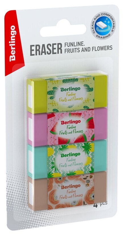 Ластик Berlingo Funline Fruits and Flowers, 4шт, прямоугольные, 50*20*11мм, блистер