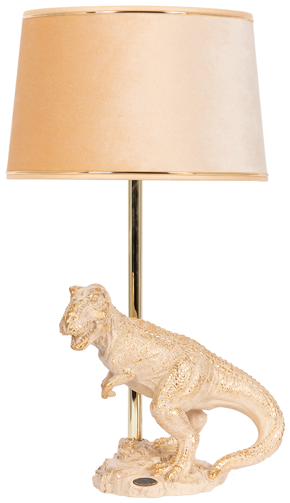 Настольная лампа Bogacho Динозавр Тирекс кремовая с абажуром желтого цвета из велюра ручная работа